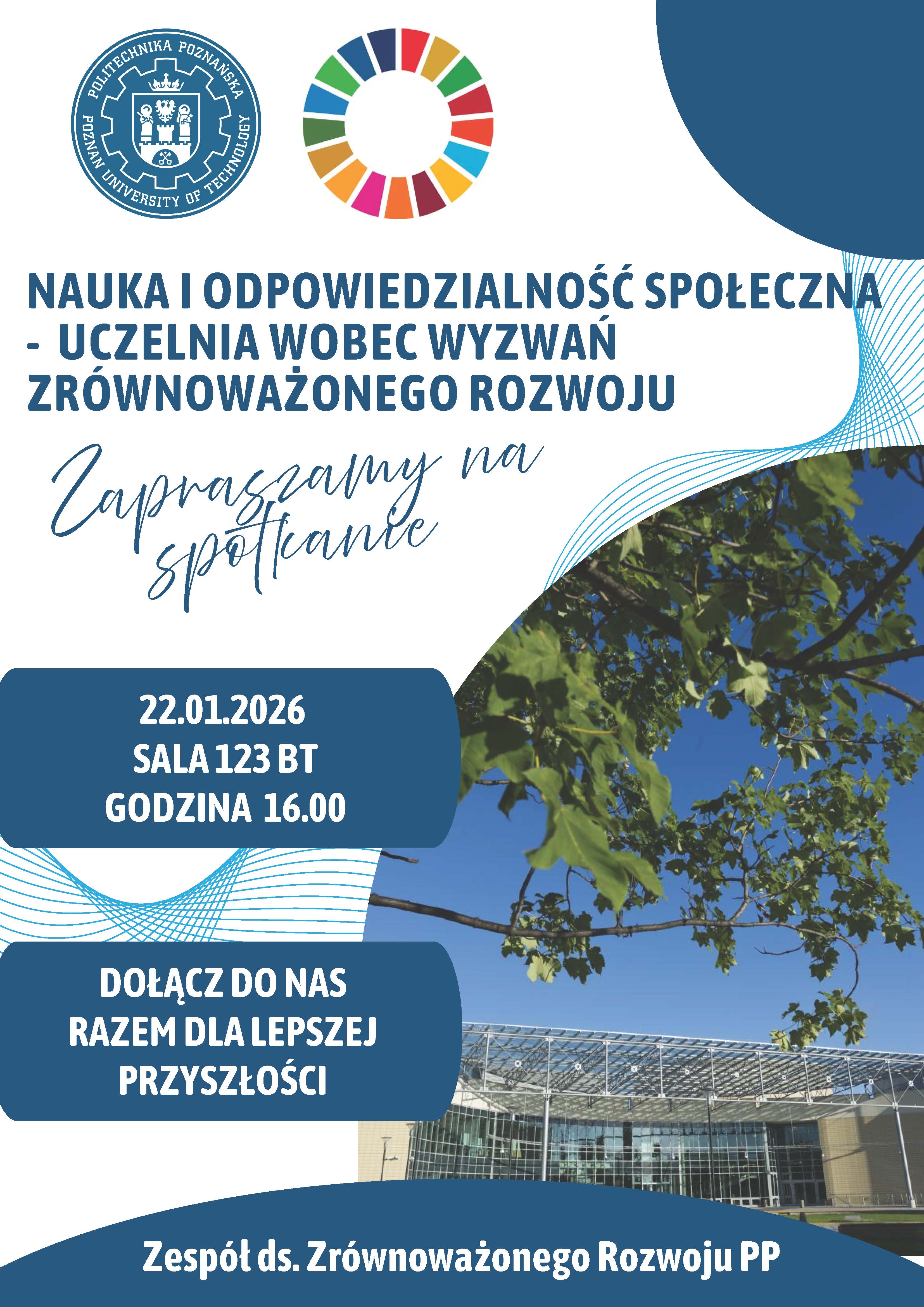 plakat z zaproszeniem na spotkanie "Nauka i odpowiedzialność społeczna - Uczelnia wobec wyzwań zrównoważonego rozwoju"