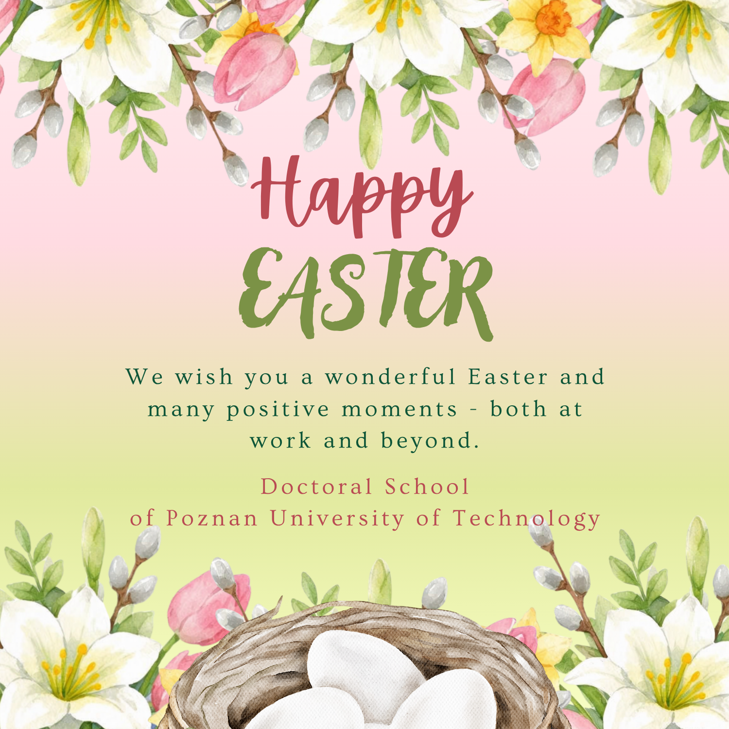 A Christmas card with the words ‘Happy Easter’ on a pink and green background, featuring Easter flowers and eggs in a basket