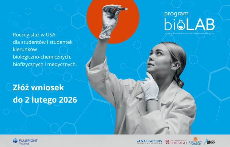 Grafika promująca nabór do programu stażowego BioLAB 2026-27 z informacją, że skłądanie wniosków trwa do 2 lutego 2025 r. Grafika ukazuje młodą badaczkę w białym fartuchu laboratoryjnym, która analizuje probówkę.