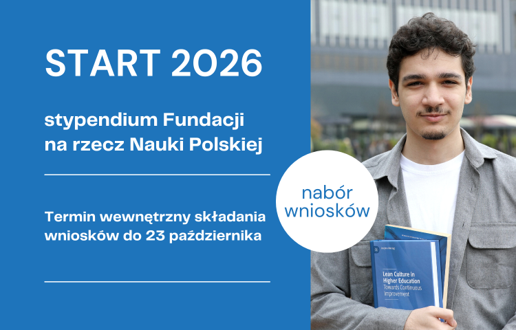 Grafika prezentująca po prawej studenta trzymającego książkę, po lewej napis "START 2026" i informacji o terminie składania wniosków." 