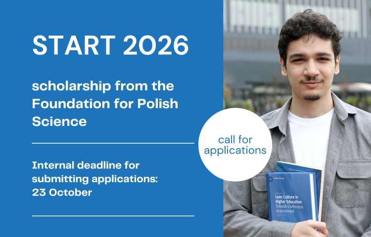 The graphic shows a student holding a book on the right, the words ‘START 2026’ on the left, and information about the application deadline. 