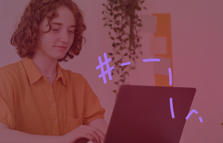The graphic shows a person working at a computer.