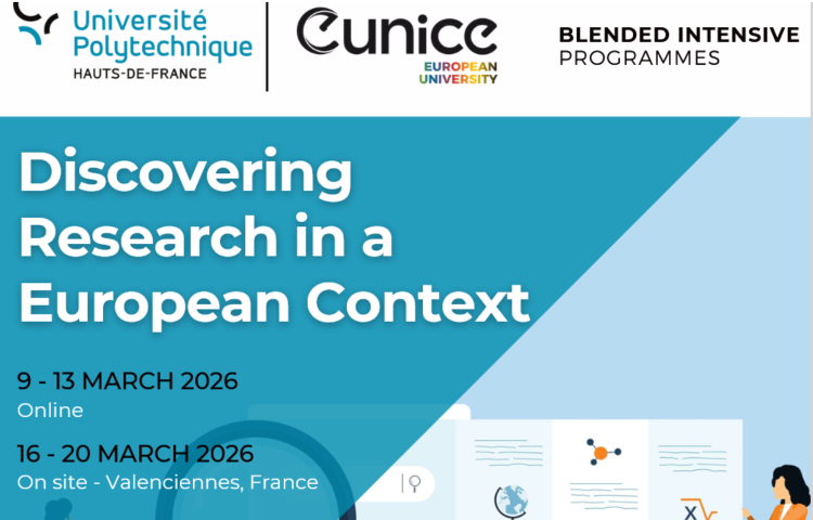 Grafika prezentująca napis na niebieskim tle "Discovering Research in a European Context" wraz z logo Eunice i datami ważnymi dla tego programu