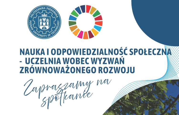 Plakat z napisem „Nauka i odpowiedzialność społeczna – uczelnia wobec wyzwań zrównoważonego rozwoju” oraz logo uczelni na biało niebieskim tle