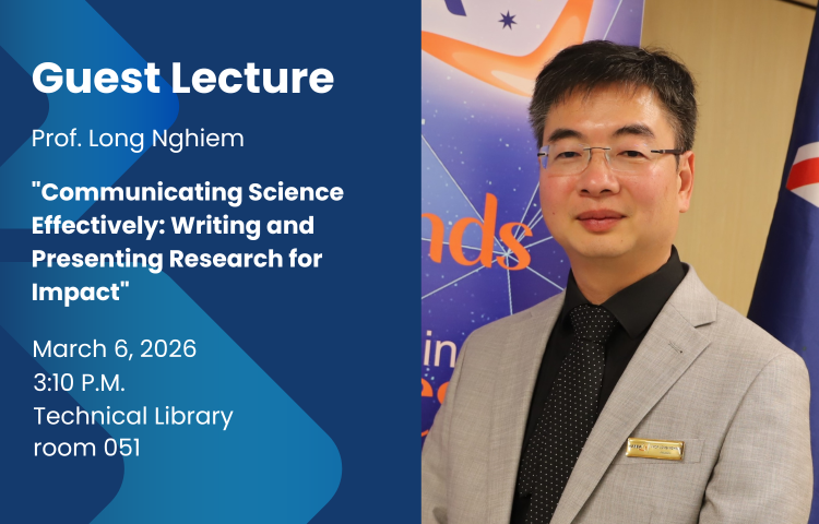 A poster with a photo of Professor Long Ngim inviting people to his guest lecture on March 6 at 3:10 p.m.