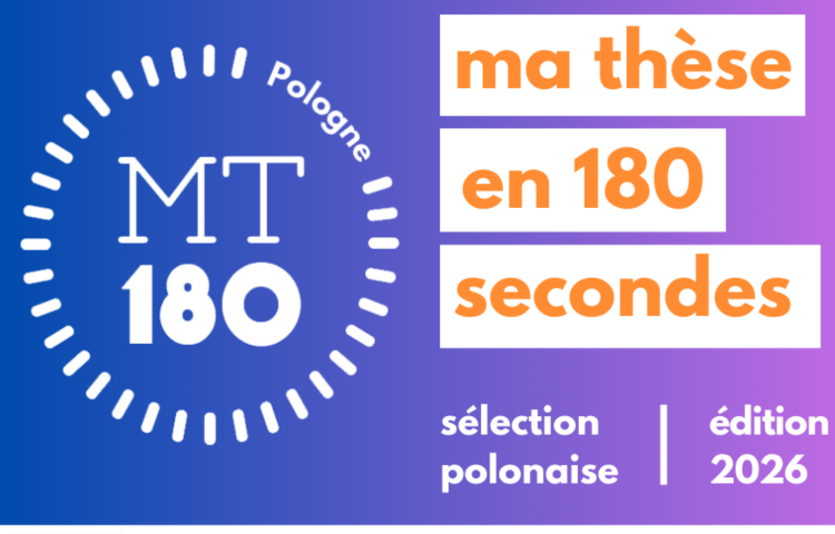 Blue and purple poster advertising the “My PhD in 180 Seconds” competition, featuring the competition logo.