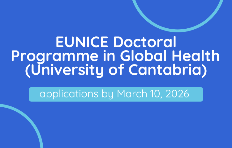 Informacja na niebieskim tle o EUNICE Doctoral Programme in Global Health (University of Cantabria)