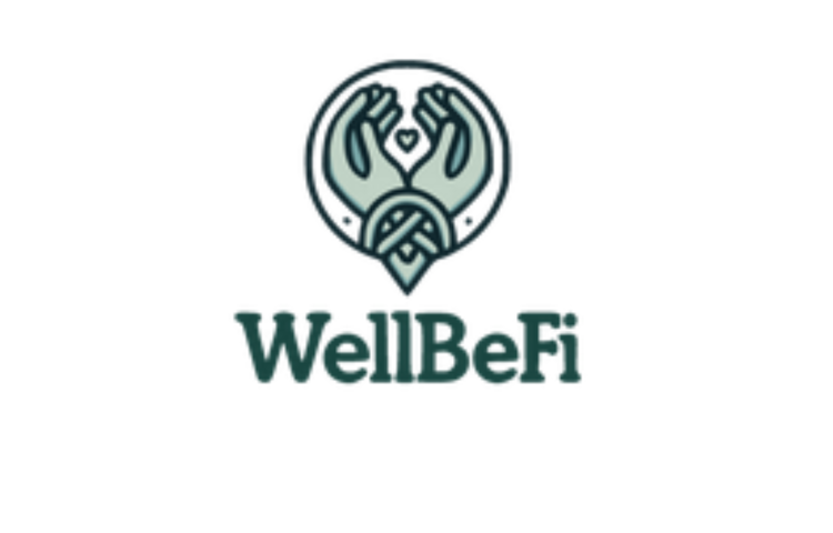 Zielone logo WellBeFi na białym tle w postaci rąk trzymających serce