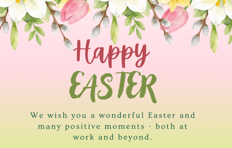 Kartka Wielkanocna z napisem Hapy easter która pokazuje także wielkanocne kwiaty na różowo-zielonym tle