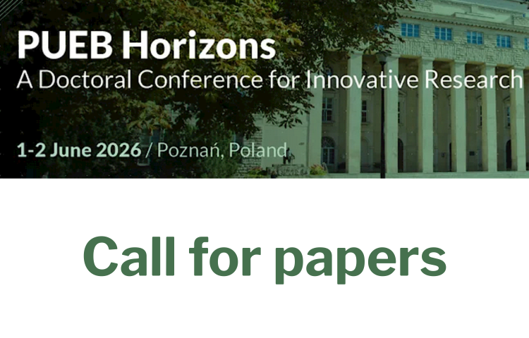 Invitation to the PUEB Horizons Conference: green ‘Call for Papers’ text against a white building with columns, with trees in the background